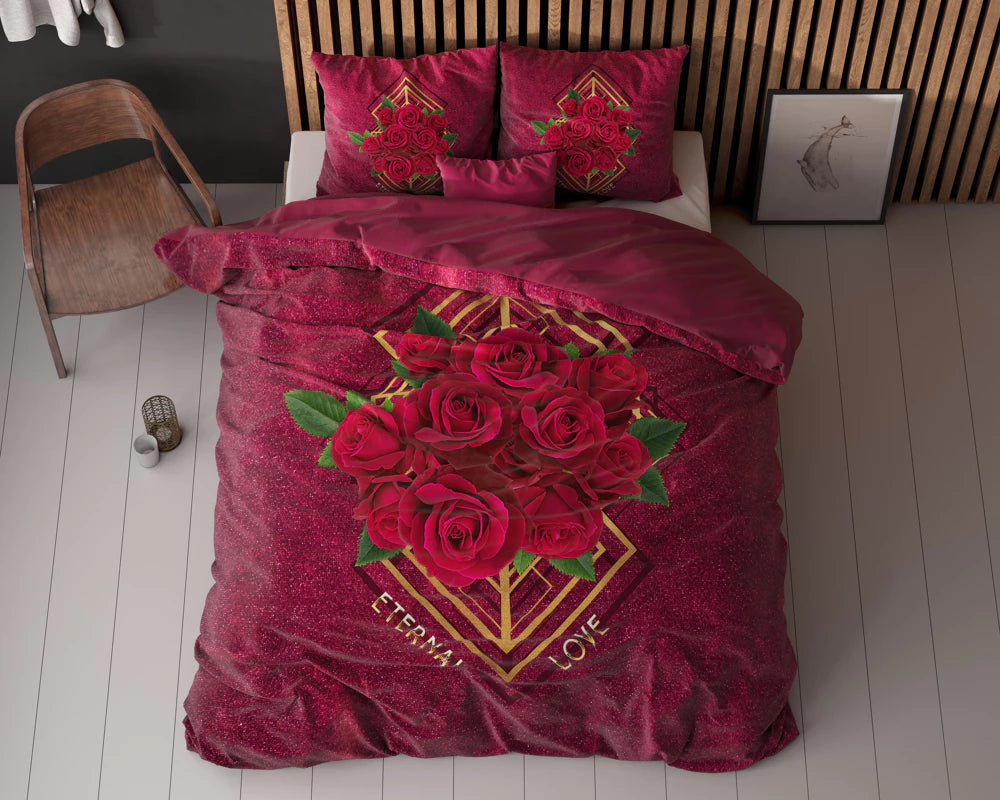 Lenjerie de pat, Sleeptime Essentials Eternal Love Red 140 x 200/220 cm, 100% Microfibra, 1 Fata de Perna, Anti-alergic