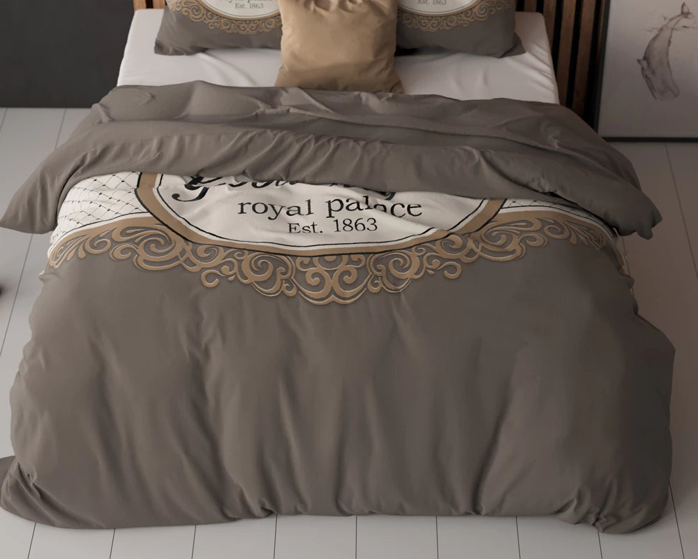Lenjerie de pat, Sleeptime Royal Palace Taupe, Microfibra 100%, 200x200/220 cm, 2 Fete Perna 60x70, Anti Alergic