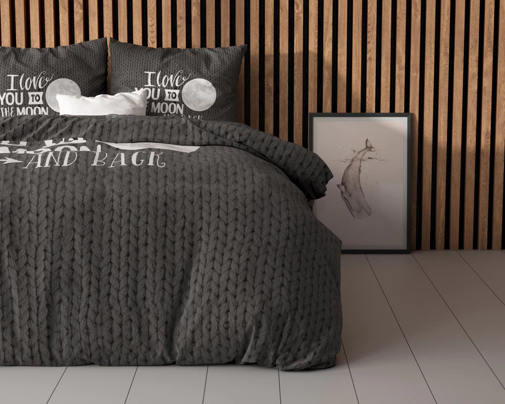 Lenjerie de pat, Sleeptime Moon and Back Anthracite 200x200/220, Microfibra 90gsm, 2 Fete de Perna, Antialergic, Print Digital