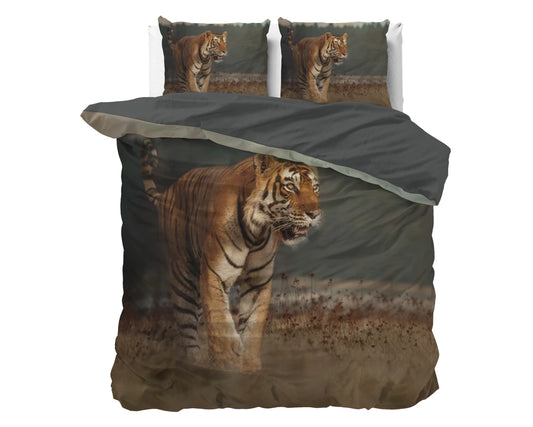 Lenjerie de pat, Sleeptime Nature Tiger Taupe, Microfibra 100%, Digital Print, 200x200/220 cm, 2 Fete Perna 60x70, Anti Alergic