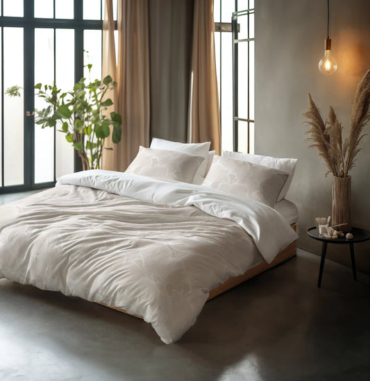 Lenjerie de pat premium, Sleeptime Pure Ginkgo Whisper Sand/Gray 200 x 200/220 cm, 100% Bumbac, 2 Fete de Perna, Anti-alergic