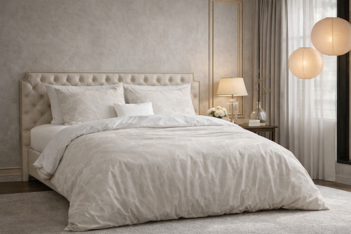 Lenjerie de pat Sleeptime, 1x husa pilota 140x200/220, 1x fete de perna 60x70, Bumbac 100%, Hipoalergenica, 128T, model Pure Ginkgo Whisper Sand/Gray, culoare Multicolor