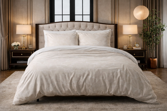 Lenjerie de pat Sleeptime, 1x husa pilota 140x200/220, 1x fete de perna 60x70, Bumbac 100%, Hipoalergenica, 128T, model Pure Ginkgo Whisper Sand/Gray, culoare Multicolor