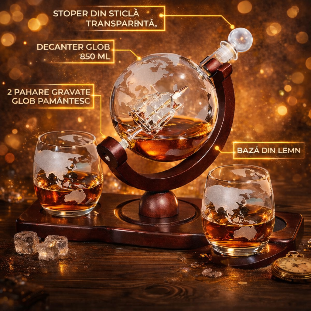 Set Decantor Whiskey Glob Pamantesc NEWTECH, 1X Carafa din Sticla 850 ml, 2X Pahare, 2X Suporturi pentru Pahare, Dop, 9 Cuburi pentru Racire cu Saculet, Cleste si Palnie, pentru Whisky, Scotch, Coniac, Bourbon, Ideal Cadou, Transparent