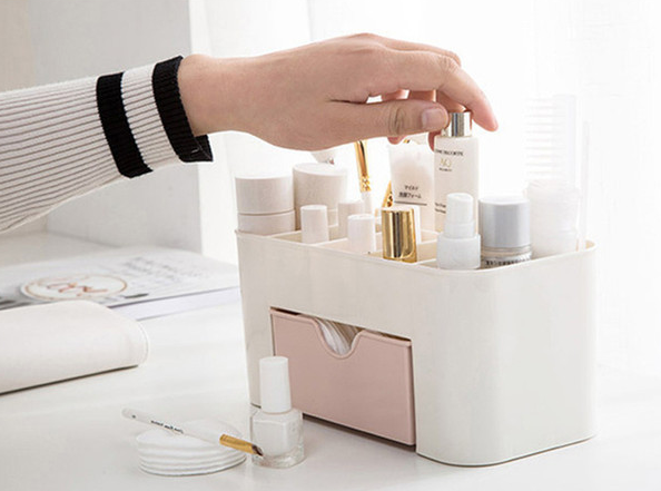 Organizator Cosmetice si Bijuterii NewTech, cu Sertar, Suport Machiaj si Skincare, Plastic, Roz