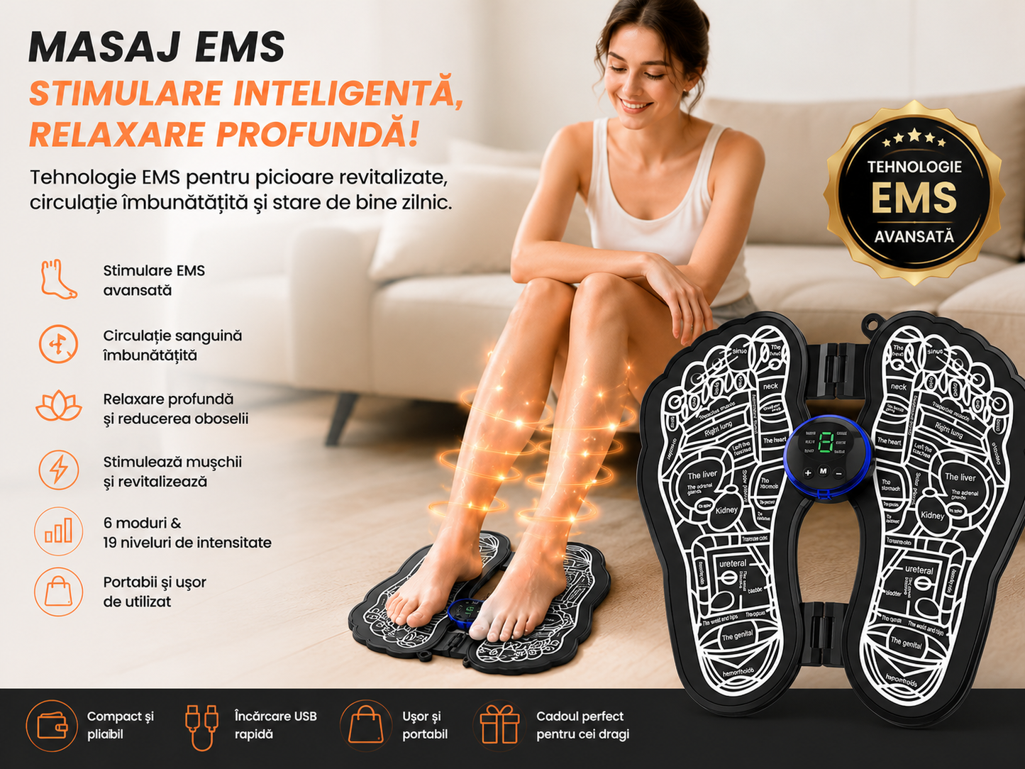 Aparat Masaj Picioare EMS Inteligent, Stimulator Muscular, 6 Programe, USB, Portabil