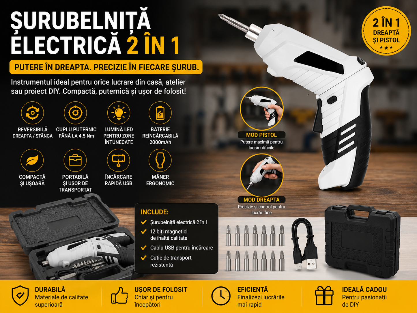 Surubelnita Electrica cu Acumulator 1300 mAh, 47 Accesorii, 5 Nm, LED, Valiza Transport