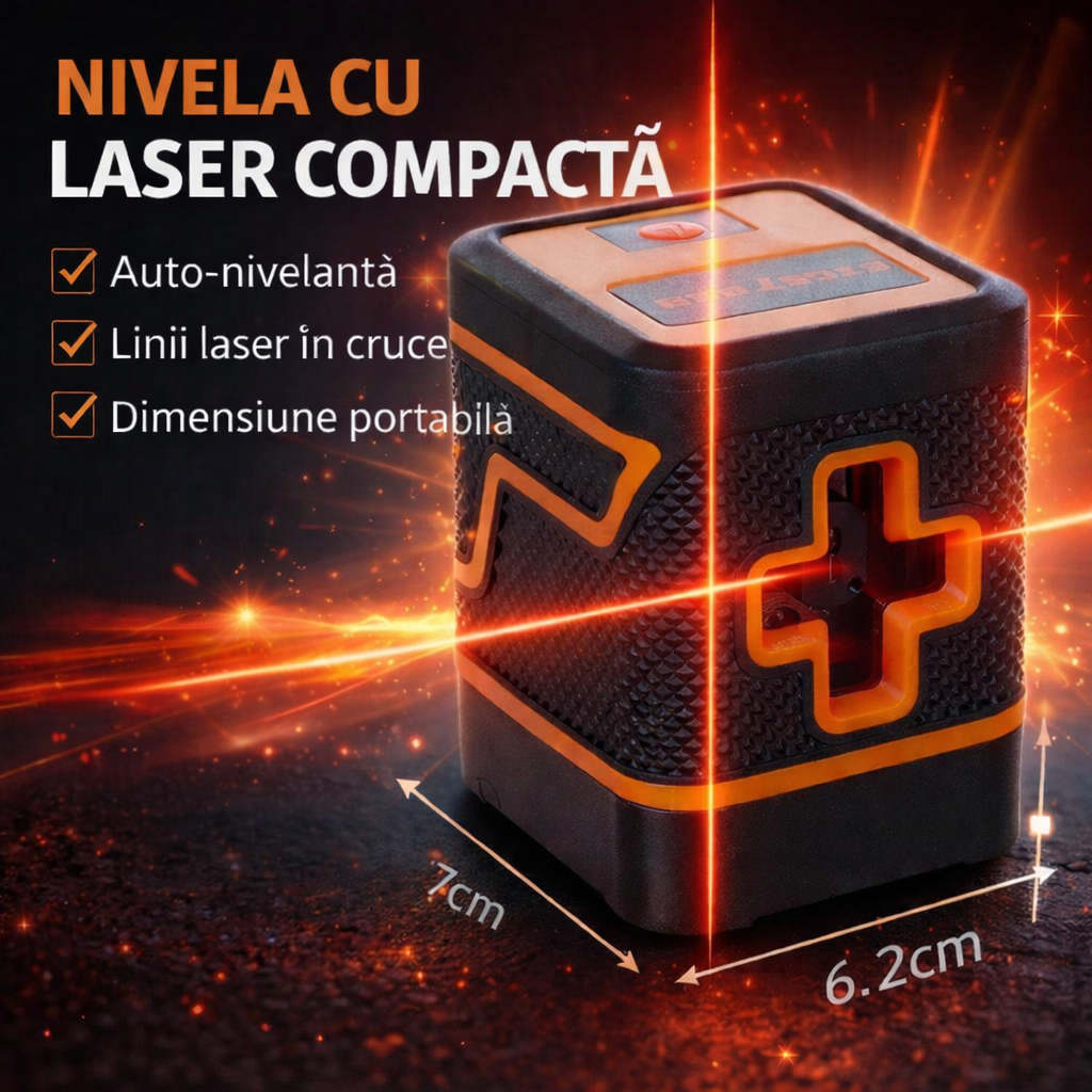 Nivela laser, IP54, 360° grade cu 2 linii in cruce, 25m, precizie ± 0.5 mm/m, ± 3° domeniu de autonivelare, 15x14x10 cm, Negru/Galben