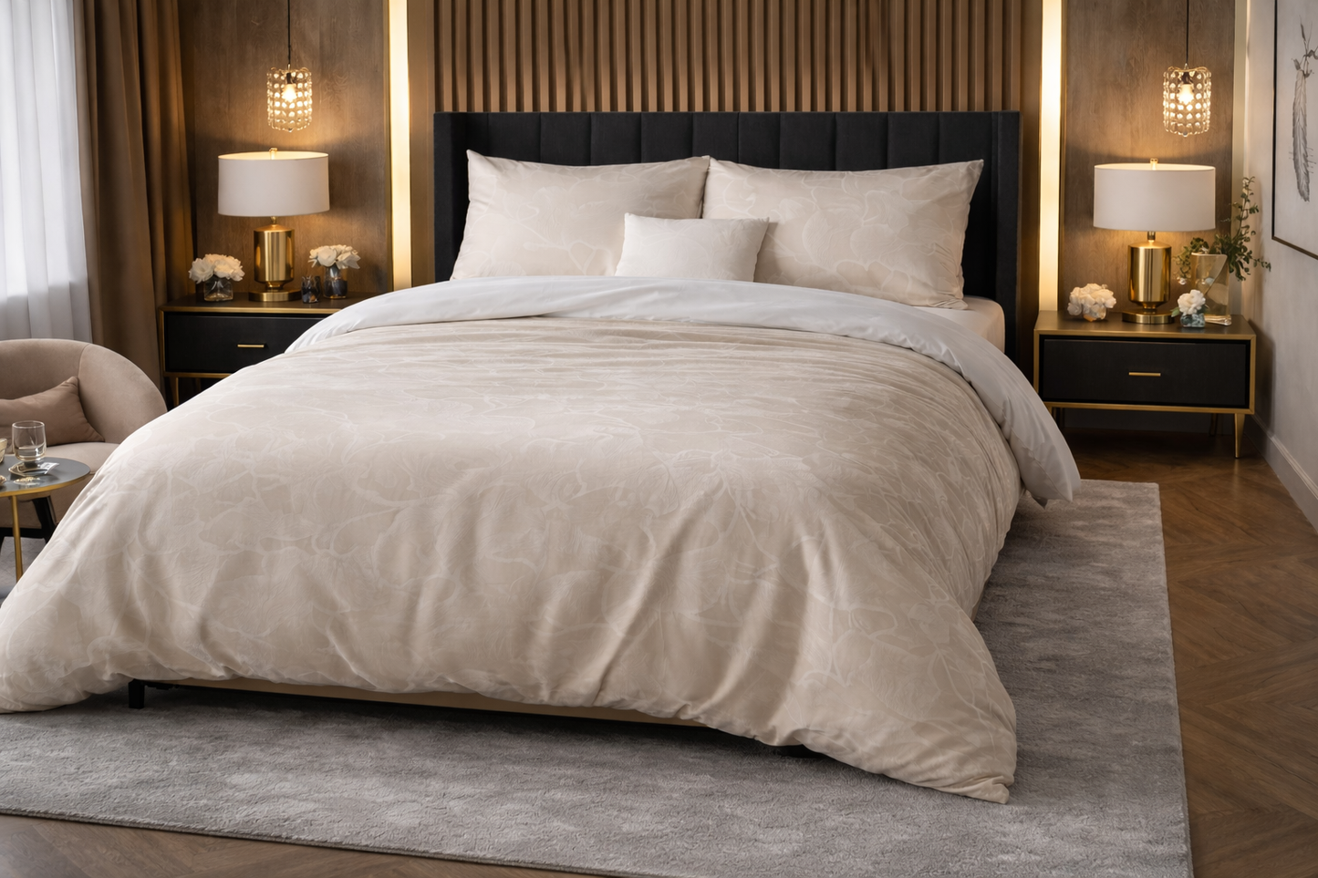 Lenjerie de pat Premium Sleeptime, 1x husa pilota 200x200/220, 2x fete de perna 60x70, Bumbac 100%, Hipoalergenica, 128T, model Pure Ginkgo Whisper Sand/Gray, imprimeu Print Digital, culoare Maro