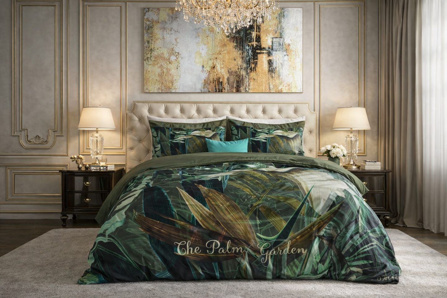 Lenjerie de pat Sleeptime, 1x husa pilota 200x200/220, 2x fete de perna 60x70, Microfibra 100%, Hipoalergenica, 90 GSM, model Botanic Garden Green, imprimeu Print Digital, culoare Verde