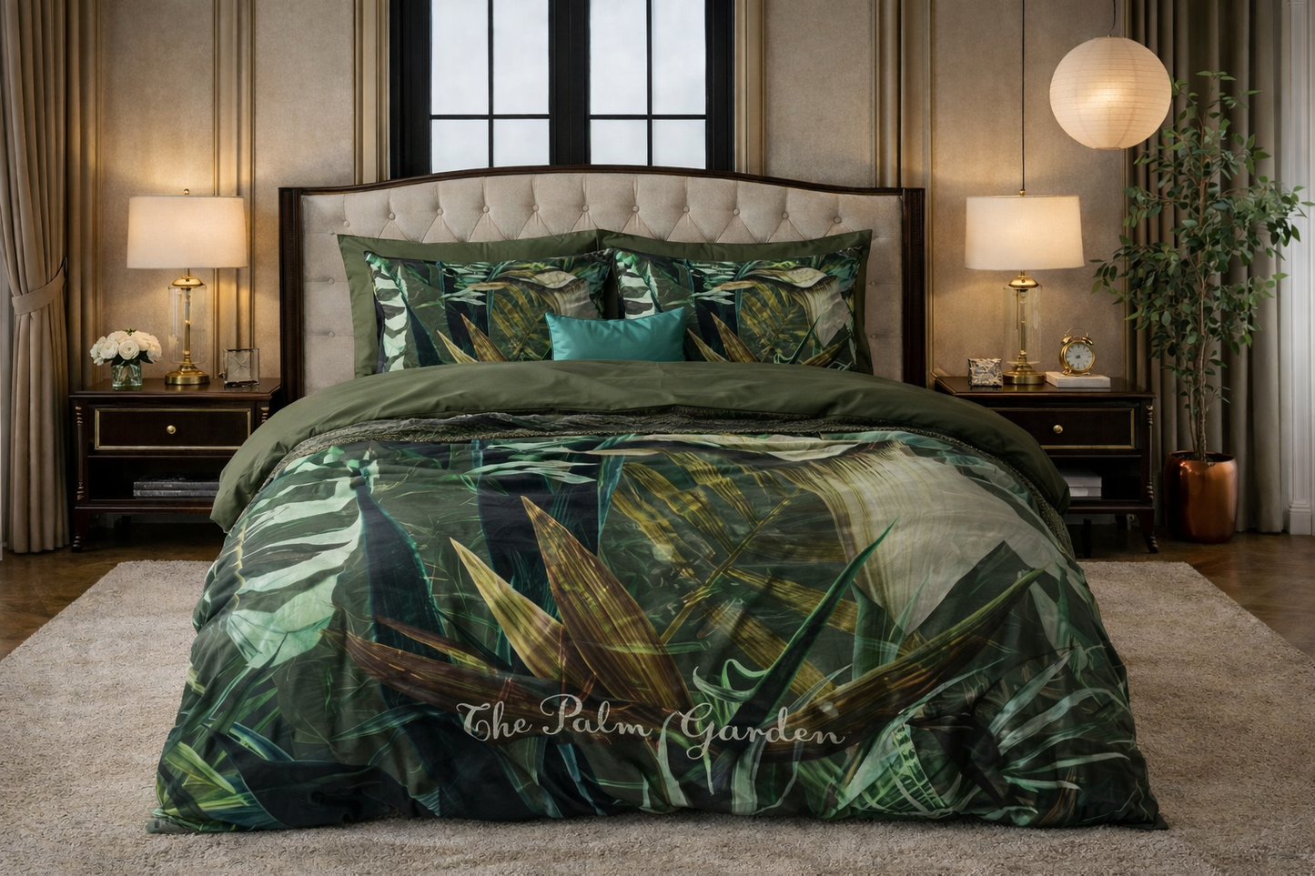 Lenjerie de pat Sleeptime, 1x husa pilota 200x200/220, 2x fete de perna 60x70, Microfibra 100%, Hipoalergenica, 90 GSM, model Botanic Garden Green, imprimeu Print Digital, culoare Verde