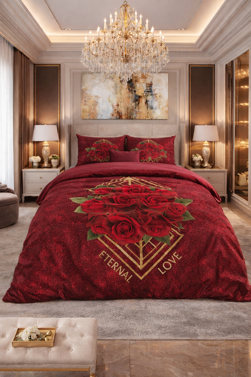 Lenjerie de pat Sleeptime, 1x husa pilota 140x200/220, 1x fete de perna 60x70, Microfibra, Hipoalergenica, 90 GSM, model Essentials Eternal Love Red, imprimeu Print Digital, culoare Rosie