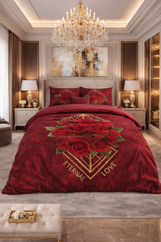 Lenjerie de pat Sleeptime, 1x husa pilota 140x200/220, 1x fete de perna 60x70, Microfibra, Hipoalergenica, 90 GSM, model Essentials Eternal Love Red, imprimeu Print Digital, culoare Rosie
