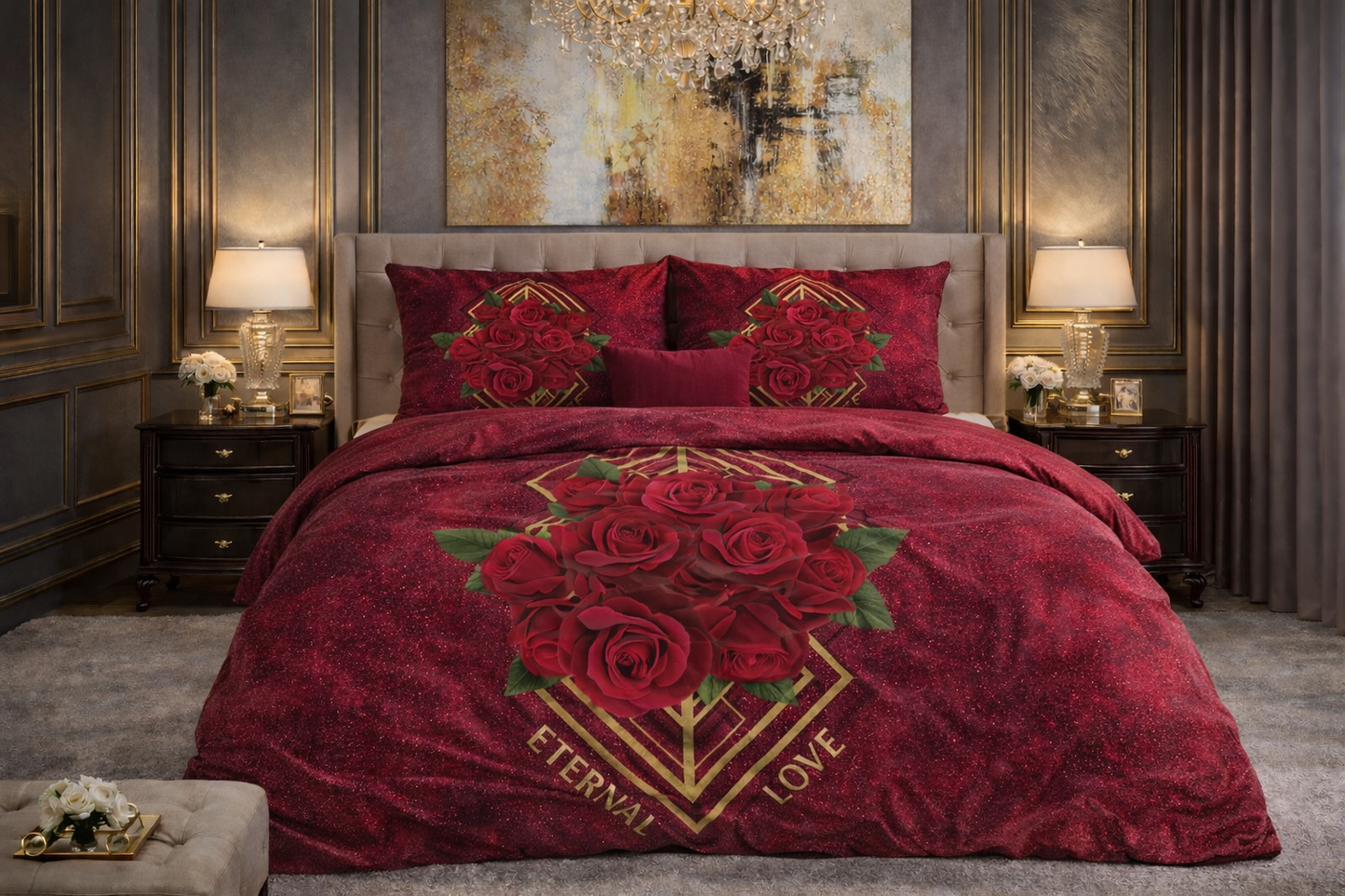 Lenjerie de pat Sleeptime, 1x husa pilota 140x200/220, 1x fete de perna 60x70, Microfibra, Hipoalergenica, 90 GSM, model Essentials Eternal Love Red, imprimeu Print Digital, culoare Rosie