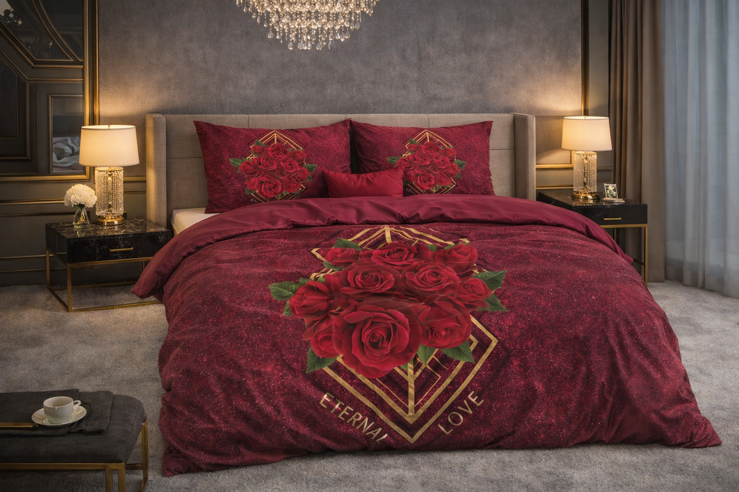 Lenjerie de pat Sleeptime, 1x husa pilota 140x200/220, 1x fete de perna 60x70, Microfibra, Hipoalergenica, 90 GSM, model Essentials Eternal Love Red, imprimeu Print Digital, culoare Rosie