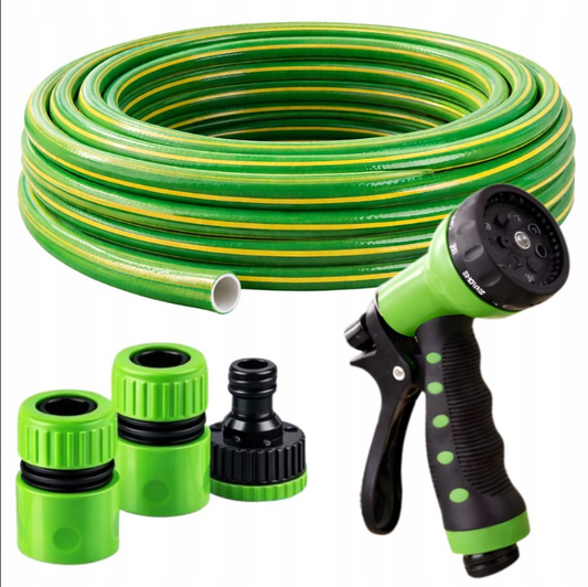 GARDEN HOSE set furtun gradina 15m 1/2 3 straturi pistol 7 moduri 3 fitinguri verde UltraStrong