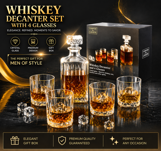 Set decantor si pahare pentru Whisky, 4 pahare 200 ml, Decantor 940 ml, sticla transparenta, stil modern