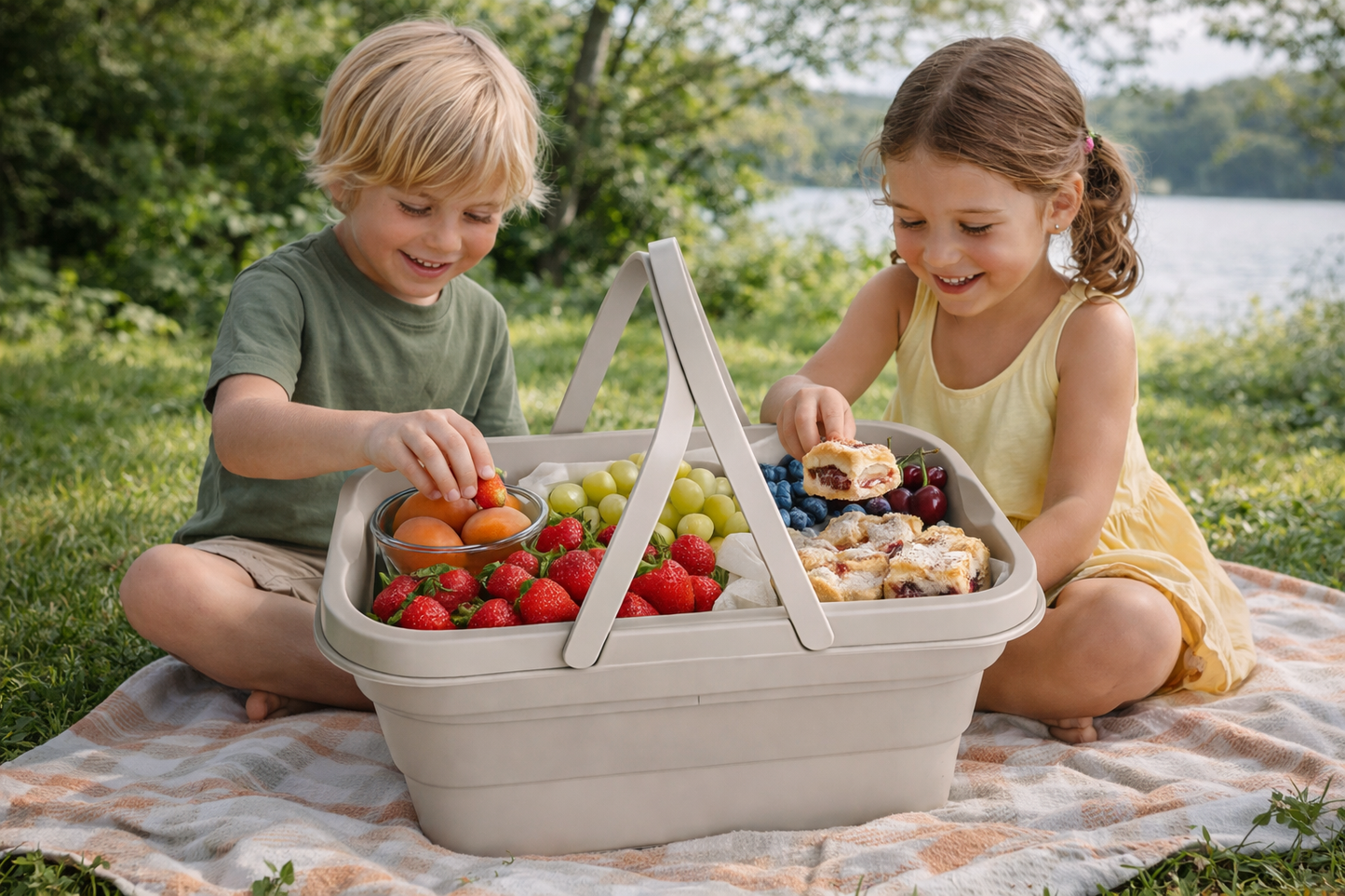 Cos picnic pliabil 3 in 1, 2 persoane, masa cu capac, impermeabil, recipient 15L 47x30x14 cm