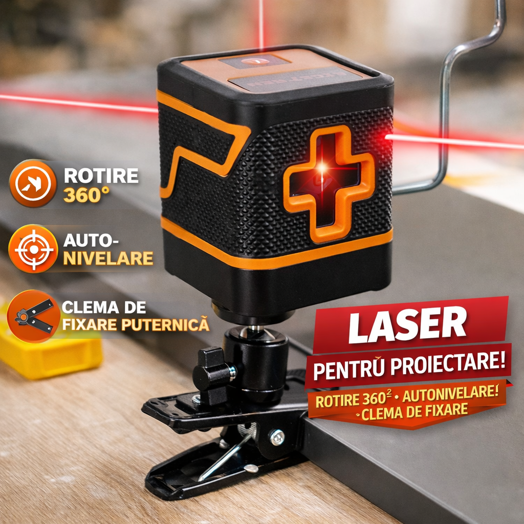 Nivela laser, IP54, 360° grade cu 2 linii in cruce, 25m, precizie ± 0.5 mm/m, ± 3° domeniu de autonivelare, 15x14x10 cm, Negru/Galben
