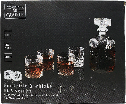 Set sticla Whisky cu Decantor si 4 pahare 200 ml, decantor 940 ml, stil modern, transparente