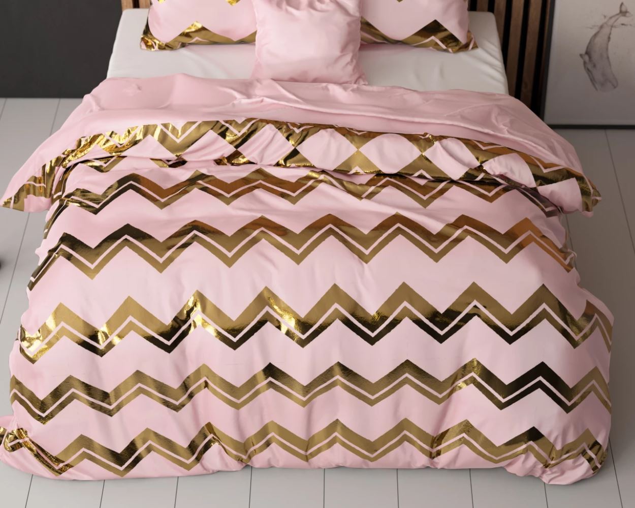 Lenjerie de pat, Sleeptime Glamour Wave Pink 140/220 cm, 100% Microfibra, Folio Print, 1 Fata de Perna, Anti-alergic
