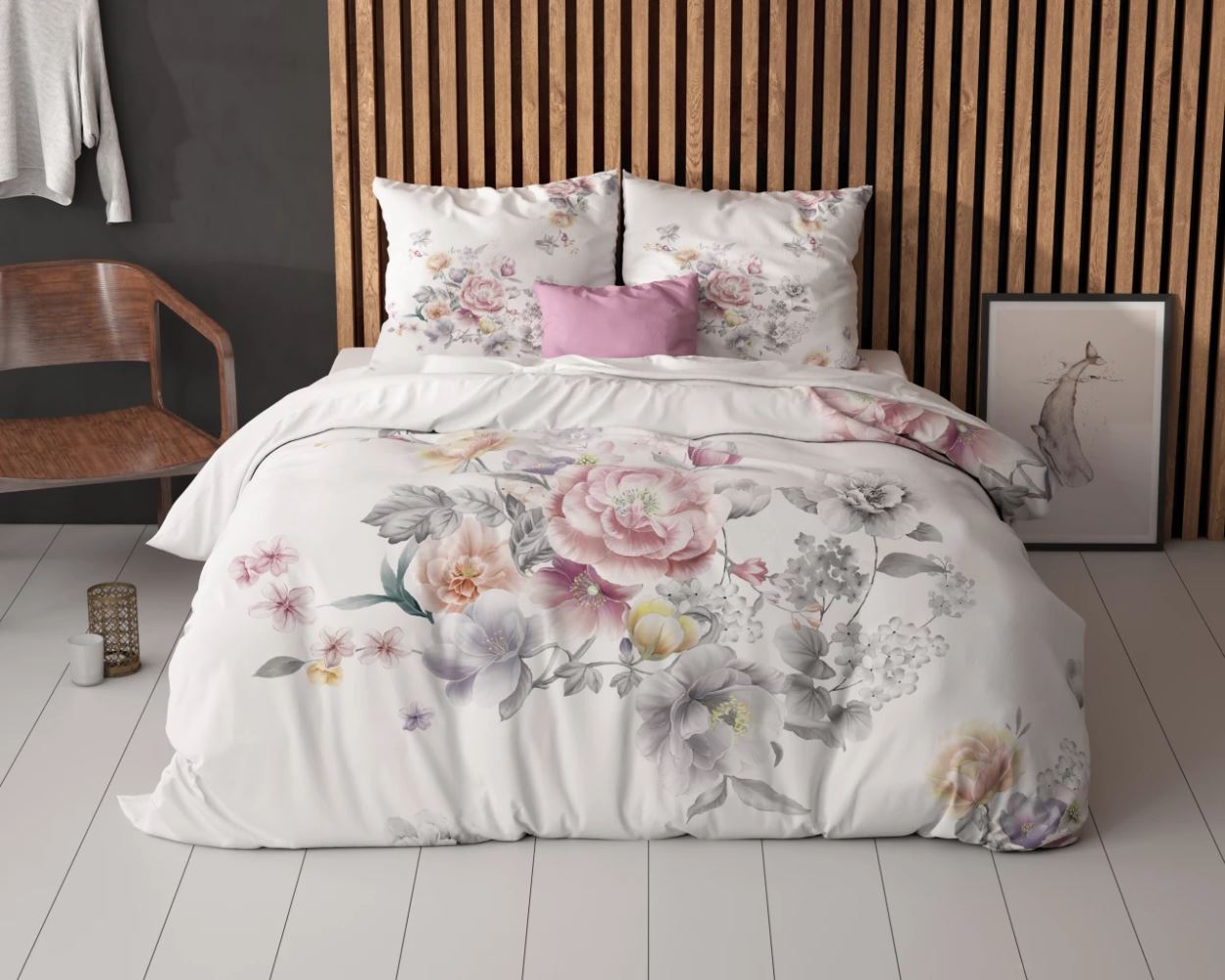 Set Lenjerie, Sleeptime Isabeau White, Microfibra 100%, 200x200/220 cm, Print Digital, 2 Fete Perna 60x70 cm, Anti Alergic