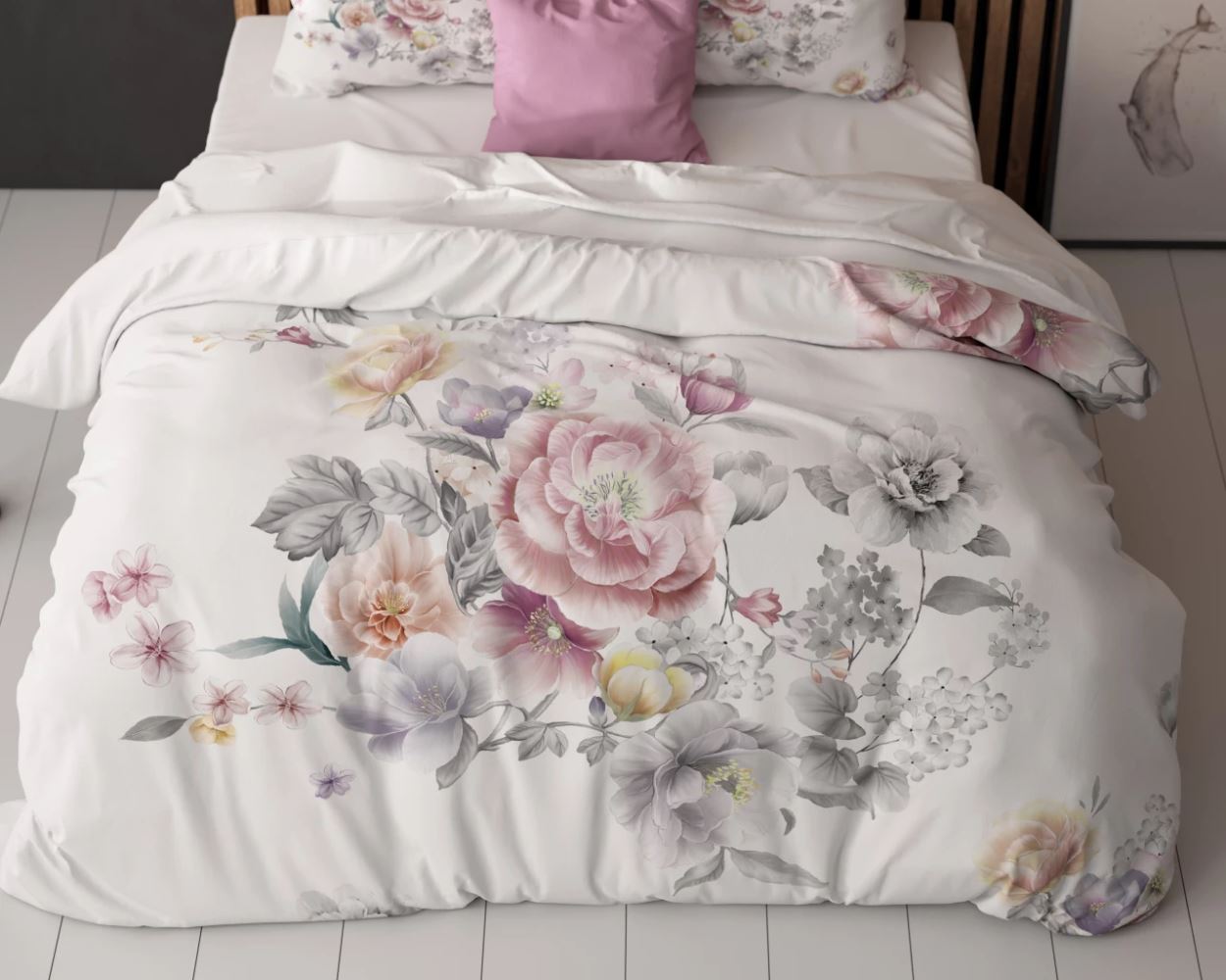 Set Lenjerie, Sleeptime Isabeau White, Microfibra 100%, 200x200/220 cm, Print Digital, 2 Fete Perna 60x70 cm, Anti Alergic