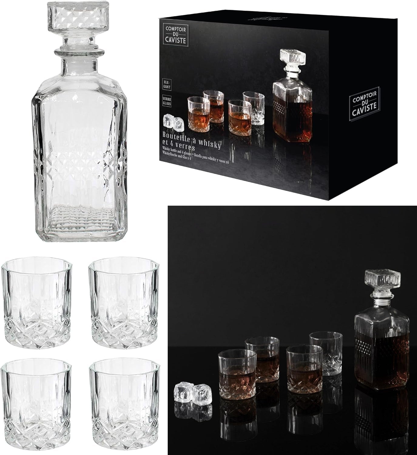 Set sticla Whisky cu Decantor si 4 pahare 200 ml, decantor 940 ml, stil modern, transparente