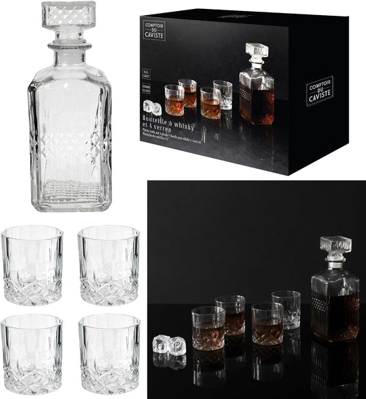 Set sticla Whisky cu Decantor si 4 pahare 200 ml, decantor 940 ml, stil modern, transparente