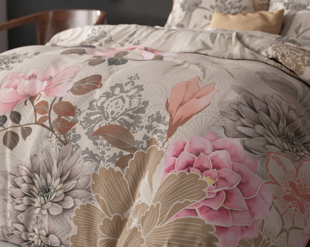 Set Lenjerie de pat, Sleeptime Forest Flowers Cream 200x200/220, Microfibra 90gsm, 2 Fete de Perna, Antialergic, Print Digital