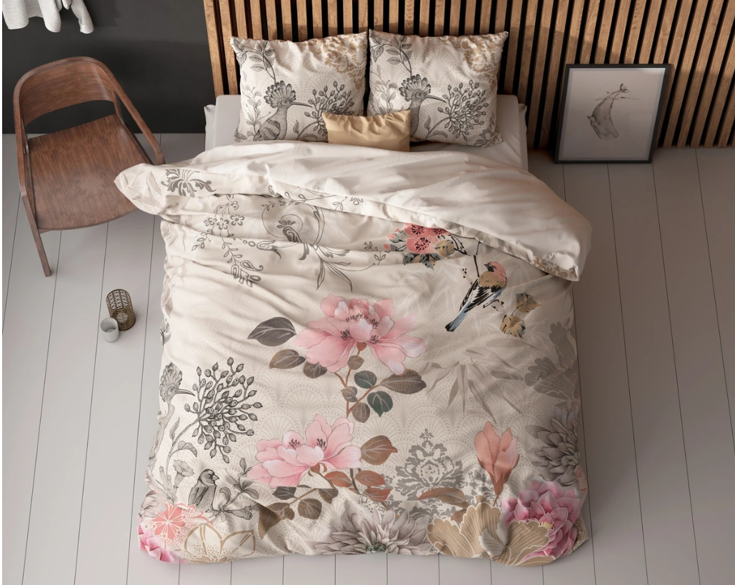 Set Lenjerie de pat, Sleeptime Forest Flowers Cream 200x200/220, Microfibra 90gsm, 2 Fete de Perna, Antialergic, Print Digital