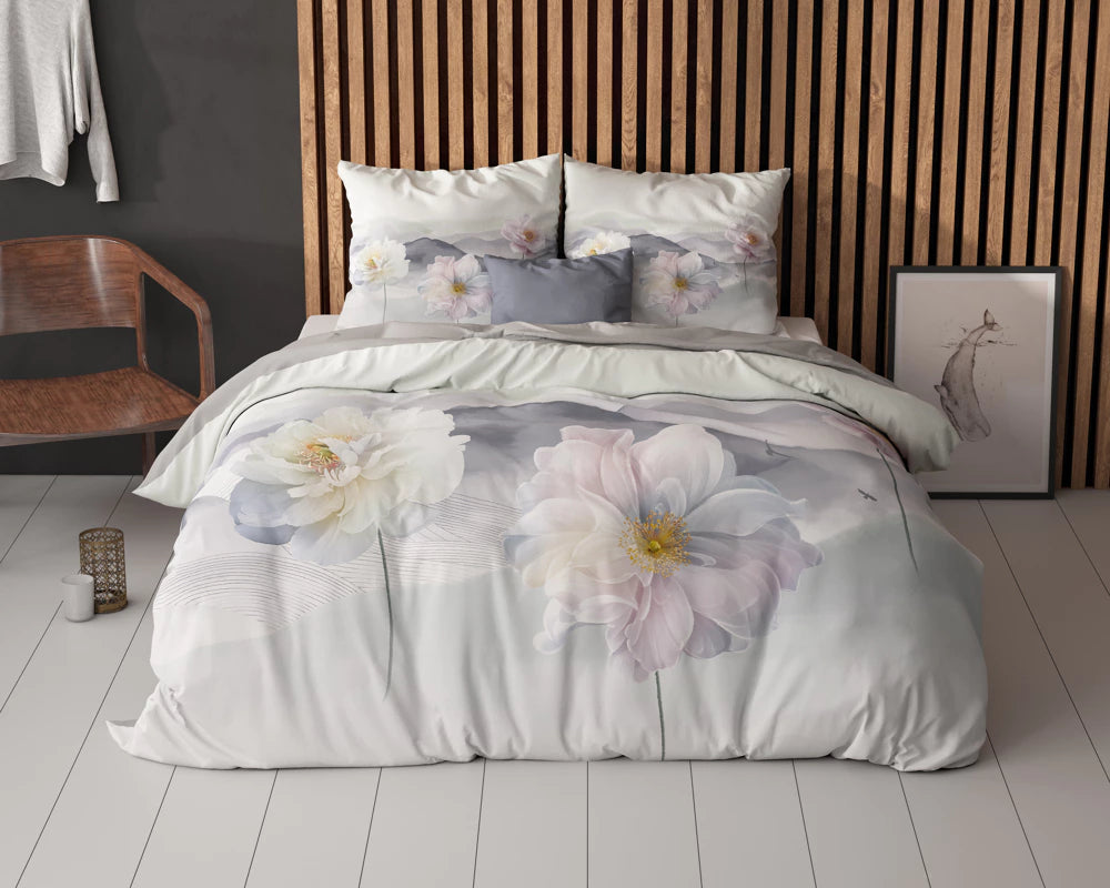 Lenjerie pat, Sleeptime Annique Grey, Microfibra 100%, 200x220 cm, Digital Print, 2 Fete Perna 60x70 cm, Anti Alergic