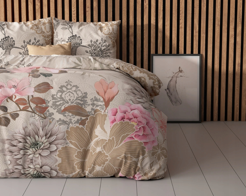 Set Lenjerie de pat, Sleeptime Forest Flowers Cream 200x200/220, Microfibra 90gsm, 2 Fete de Perna, Antialergic, Print Digital