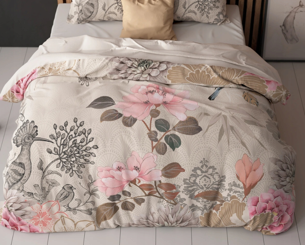 Set Lenjerie de pat, Sleeptime Forest Flowers Cream 200x200/220, Microfibra 90gsm, 2 Fete de Perna, Antialergic, Print Digital