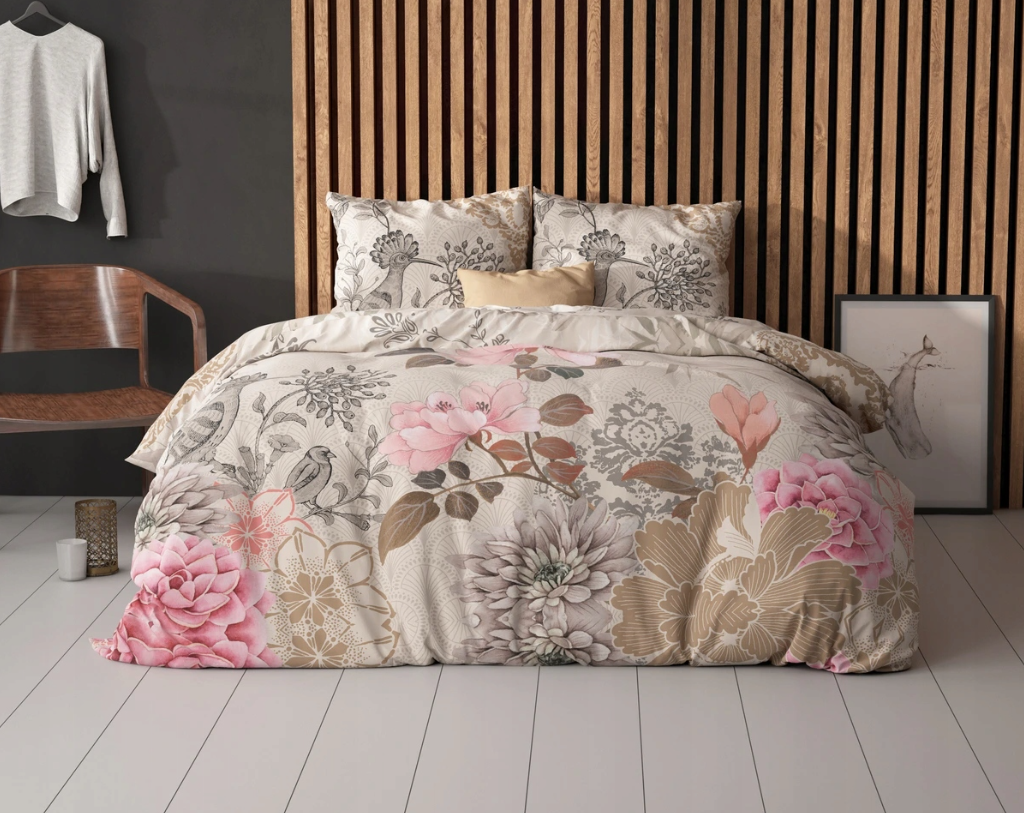 Set Lenjerie de pat, Sleeptime Forest Flowers Cream 200x200/220, Microfibra 90gsm, 2 Fete de Perna, Antialergic, Print Digital