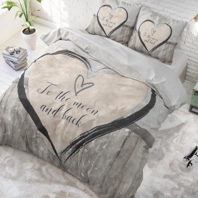 Set Lenjerie Sleeptime Love To The Moon And Back, Microfibra, Anti Alergic, Gri, 200x200/220 cm