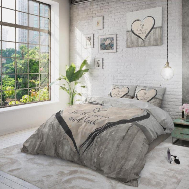 Set Lenjerie Sleeptime Love To The Moon And Back, Microfibra, Anti Alergic, Gri, 200x200/220 cm