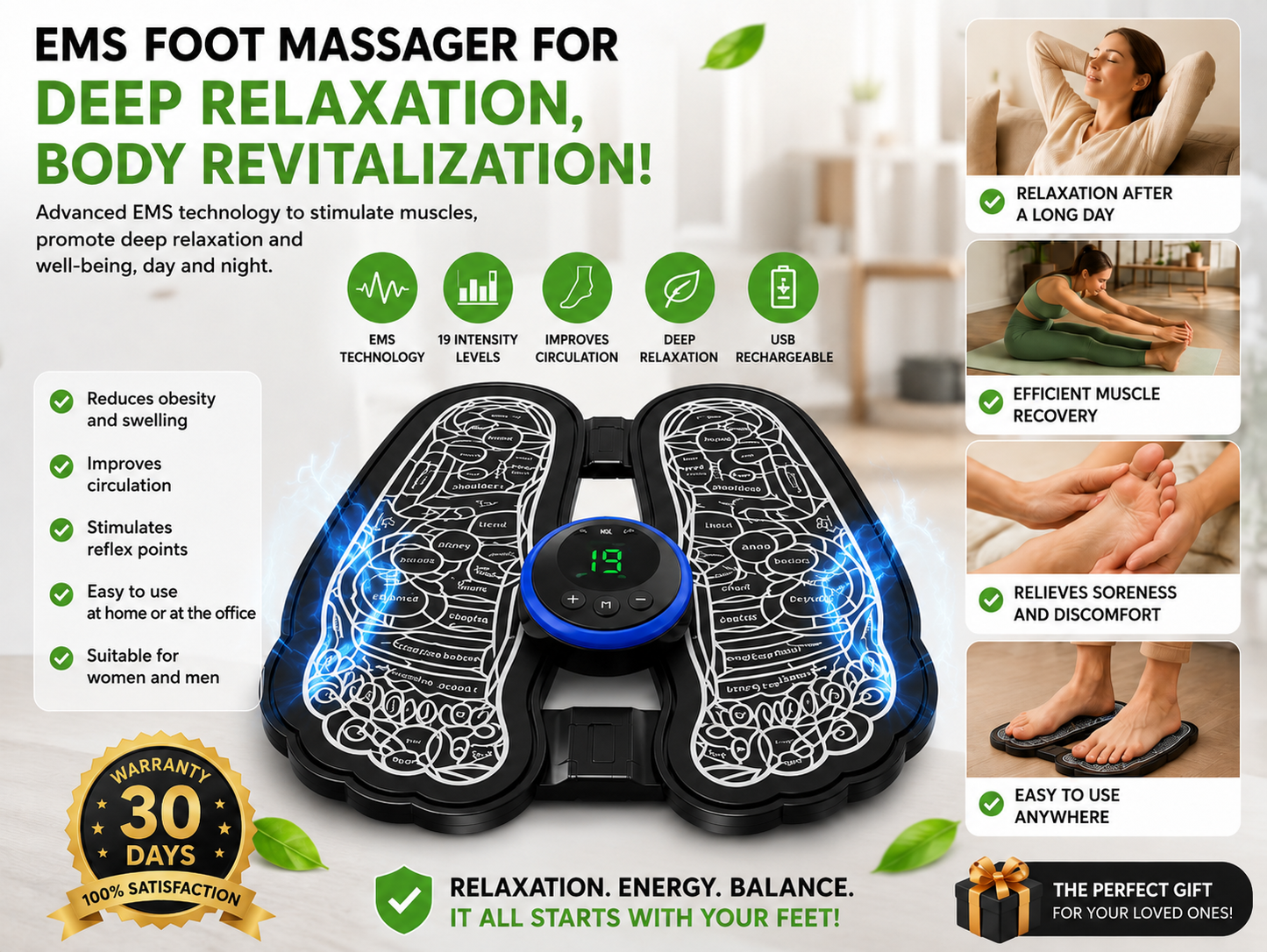 Aparat Masaj Picioare EMS Inteligent, Stimulator Muscular, 6 Programe, USB, Portabil