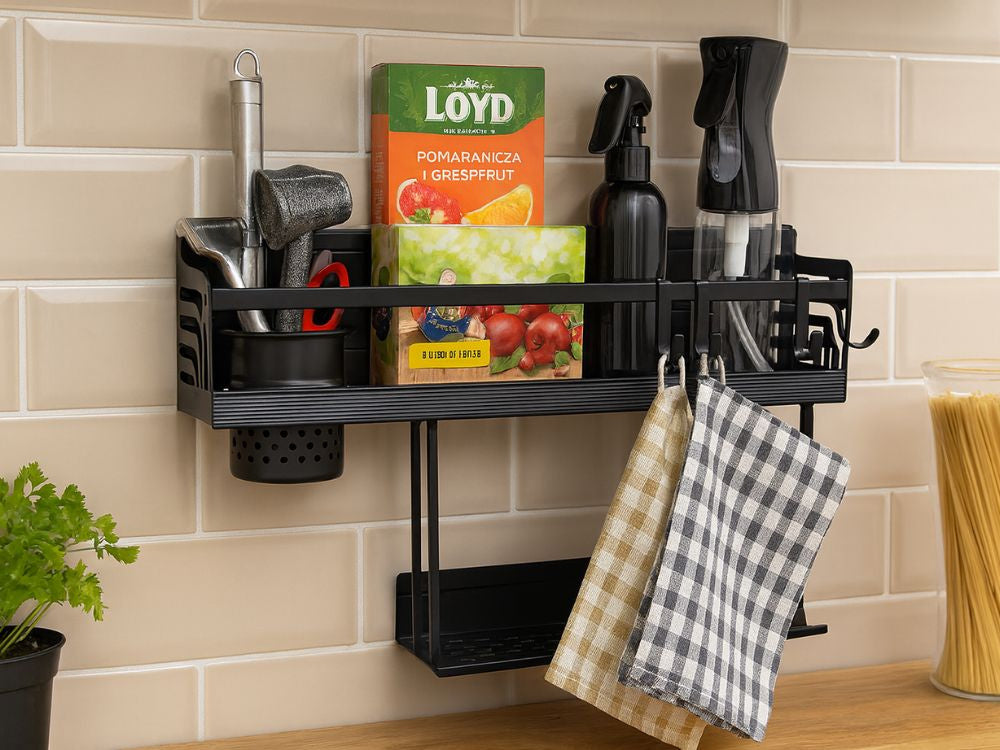 Raft Metalic de Perete pentru Bucatarie, Organizator Ustensile, 39 cm, 6 Carlige, Suport Accesorii, Negru