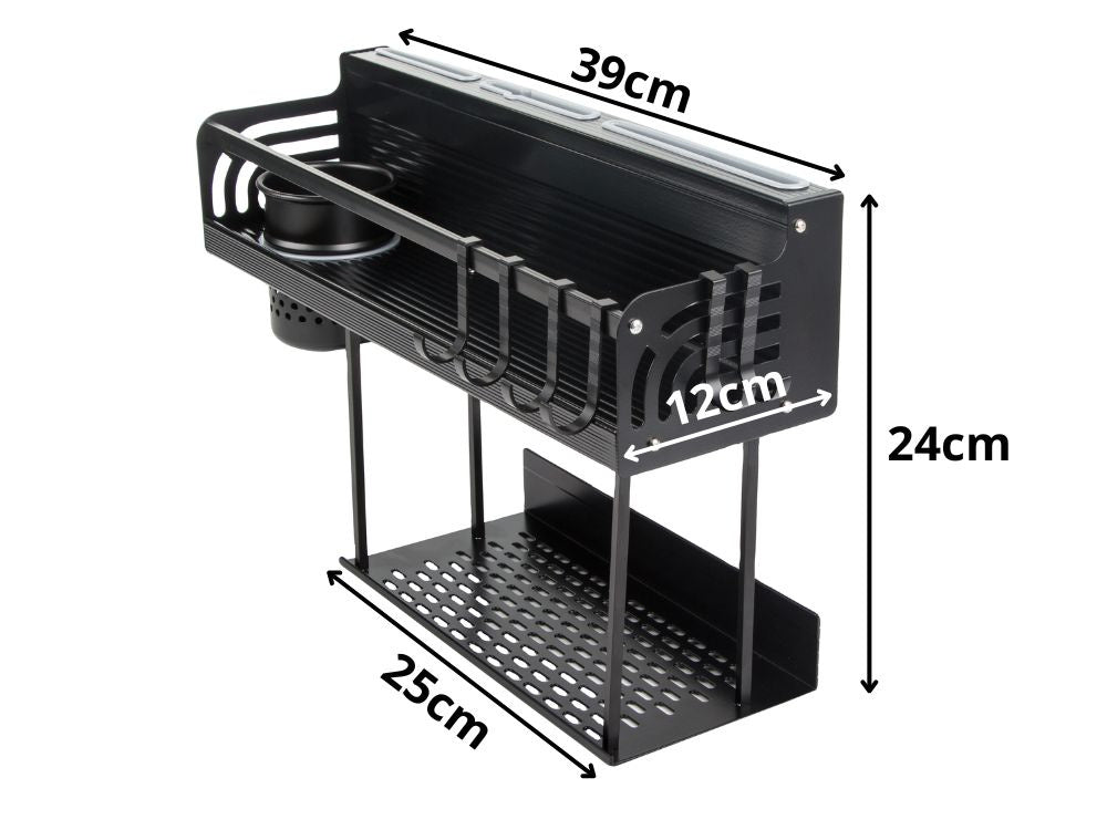 Raft Metalic de Perete pentru Bucatarie, Organizator Ustensile, 39 cm, 6 Carlige, Suport Accesorii, Negru