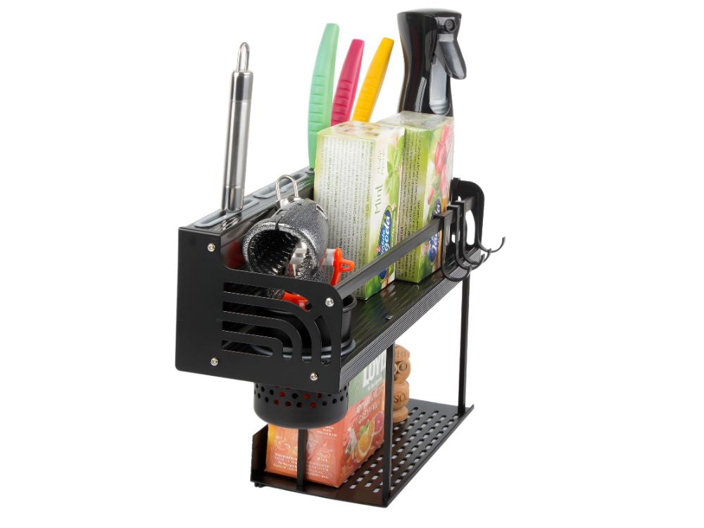 Raft Metalic de Perete pentru Bucatarie, Organizator Ustensile, 39 cm, 6 Carlige, Suport Accesorii, Negru