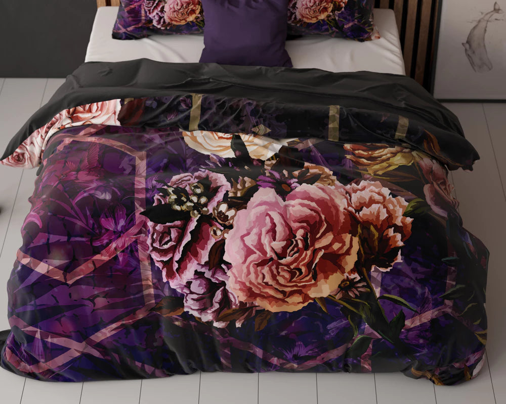 Set Lenjerie de pat, Sleeptime Marise Purple, Microfibra 100%, 200x200/220 cm, Digital Print, 2 Fete Perna 60x70 cm, Anti Alergic