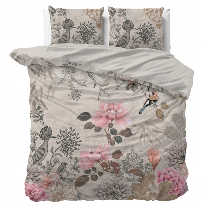 Set Lenjerie de pat, Sleeptime Forest Flowers Cream 200x200/220, Microfibra 90gsm, 2 Fete de Perna, Antialergic, Print Digital