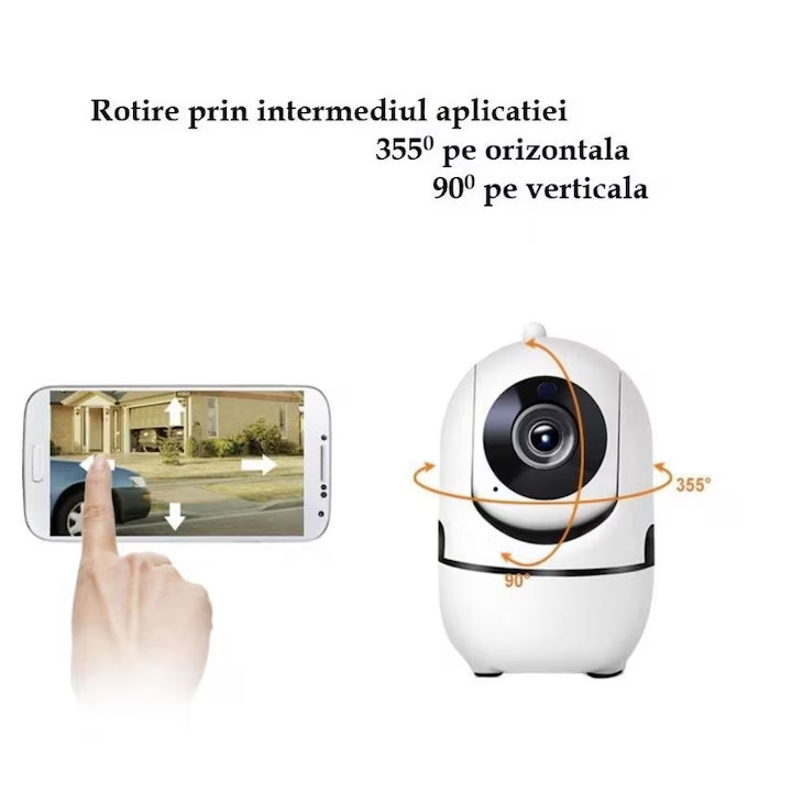 Camera WiFi IP Smart Baby Monitor HD Rotativa 355° cu Night Vision, Detectie Miscarare si Audio Bidirectional