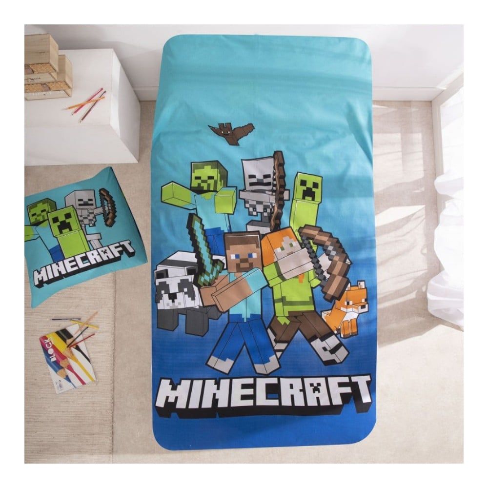 Lenjerie de pat Minecraft Block World set 140x200, bumbac 100%, multicolor, 1 față pernă 65x65