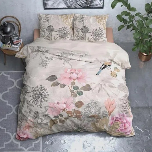 Set Lenjerie de pat, Sleeptime Forest Flowers Cream 200x200/220, Microfibra 90gsm, 2 Fete de Perna, Antialergic, Print Digital