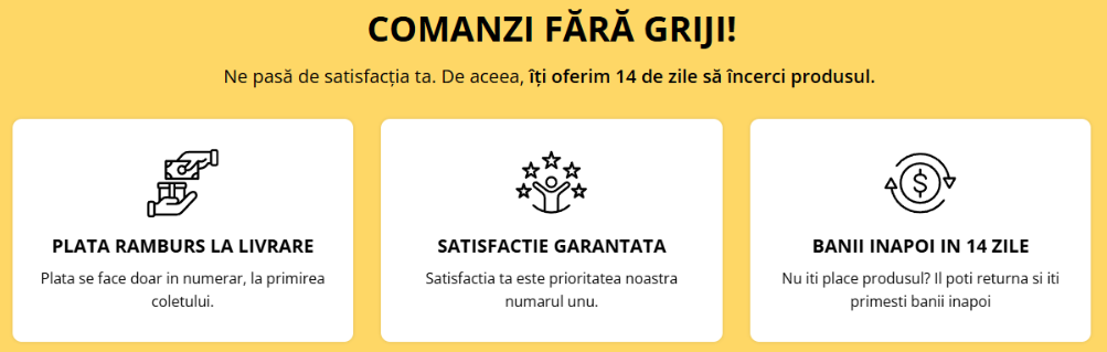 Promotional text in Romanian about a 14-day money-back guarantee on a yellow background.
